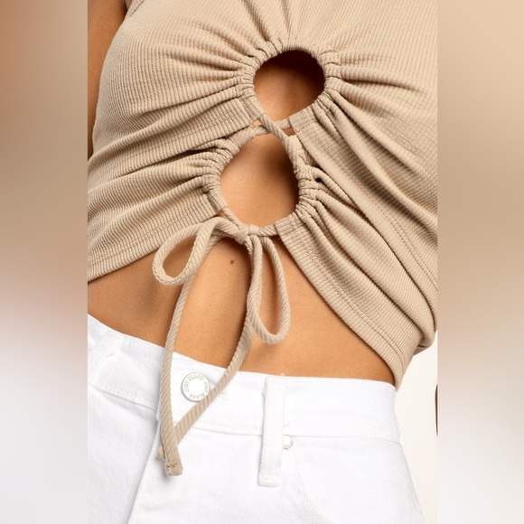 Lulu’s Times Two Beige Double Keyhole Cropped Drawstring Tank Top sz XS - Picture 5 of 10